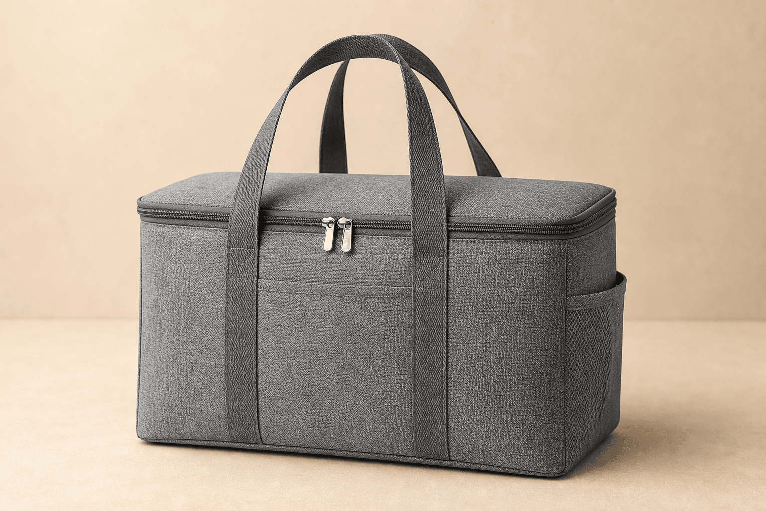 Gray insulated lunch tote bag